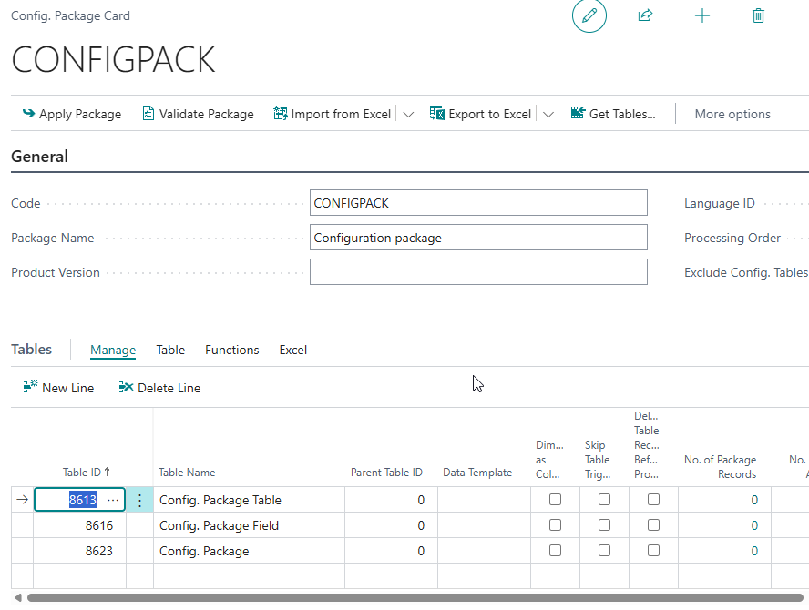 De CONFIGPACK config package card met de drie tabellen 8613, 8616 en 8623