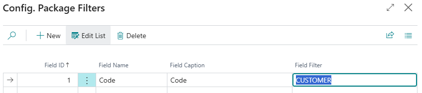 Config. Package Filters met Field ID 1 gefilterd op CUSTOMER