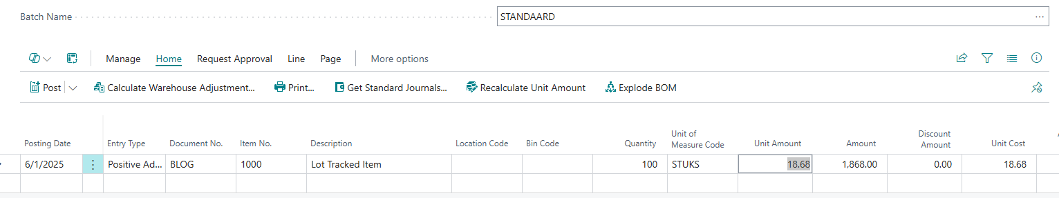 Item journal line with entry type Positive Adjustment for a lot tracked item