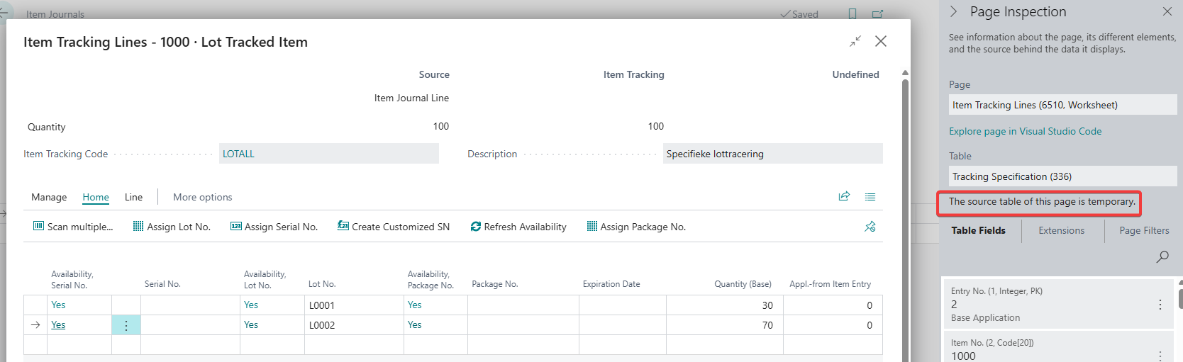 Page Inspection showing Tracking Specification table 336 marked as a temporary source table