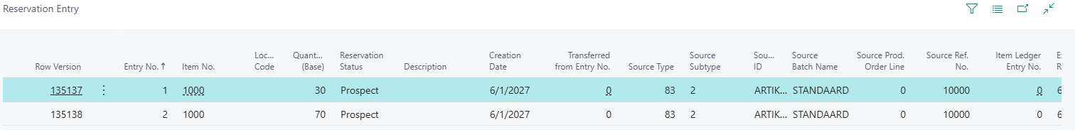 Reservation Entry table 337 showing two lot lines with Reservation Status Prospect and Source Type 83