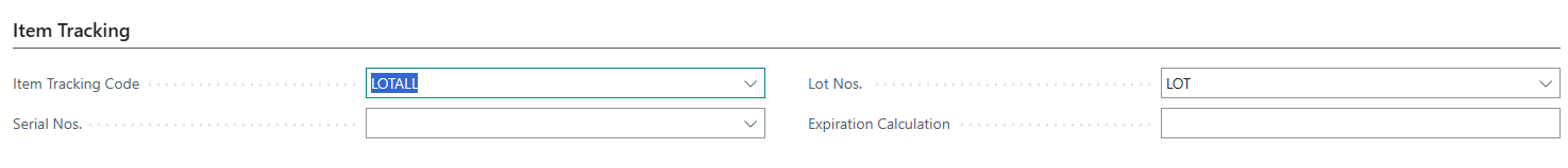 Item Tracking Codes list with Lot Specific Tracking enabled for LOTALL
