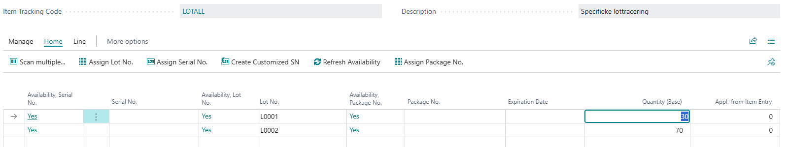 Item Tracking Lines with lot numbers L0001 and L0002 for quantities 30 and 70